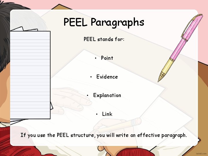 PEEL Paragraphs PEEL stands for: • Point • Evidence • Explanation • Link If