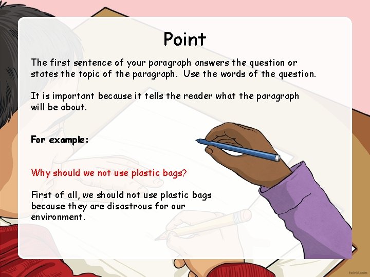 Point The first sentence of your paragraph answers the question or states the topic
