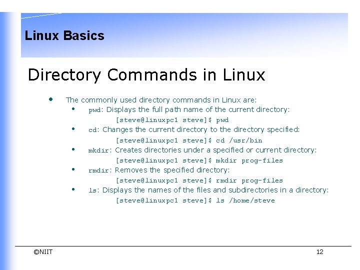 Linux Basics Directory Commands in Linux • ©NIIT The commonly used directory commands in Linux Basics Directory Commands in Linux • ©NIIT The commonly used directory commands in