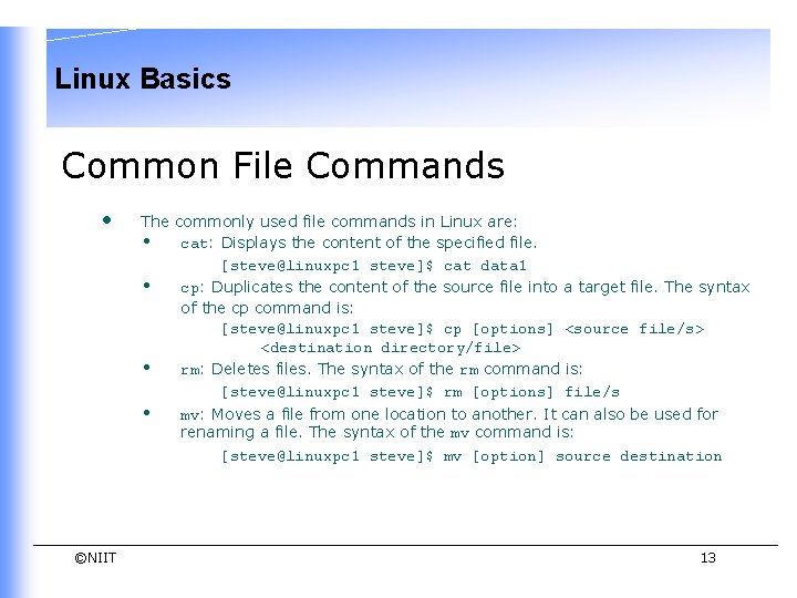 Linux Basics Common File Commands • ©NIIT The commonly used file commands in Linux Linux Basics Common File Commands • ©NIIT The commonly used file commands in Linux