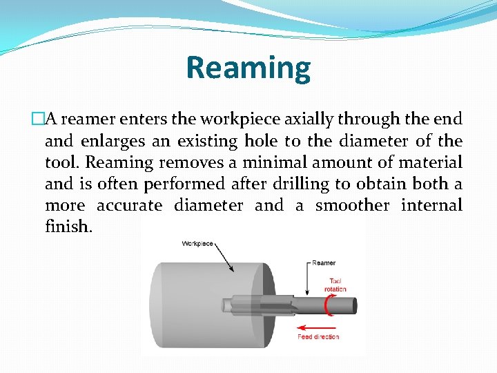 Reaming �A reamer enters the workpiece axially through the end and enlarges an existing