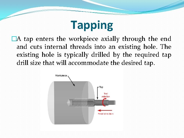 Tapping �A tap enters the workpiece axially through the end and cuts internal threads