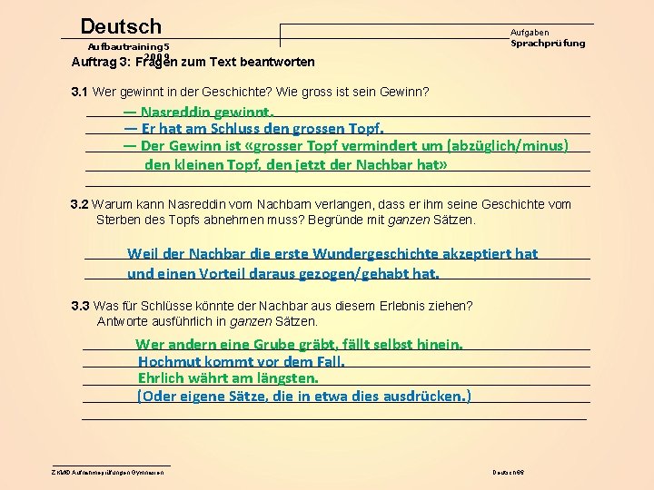 Deutsch Aufgaben Sprachprüfung Aufbautraining 5 2009 Auftrag 3: Fragen zum Text beantworten 3. 1