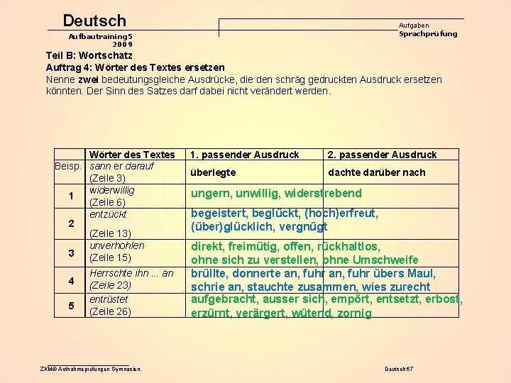 Deutsch Aufgaben Sprachprüfung Aufbautraining 5 2009 Teil B: Wortschatz Auftrag 4: Wörter des Textes