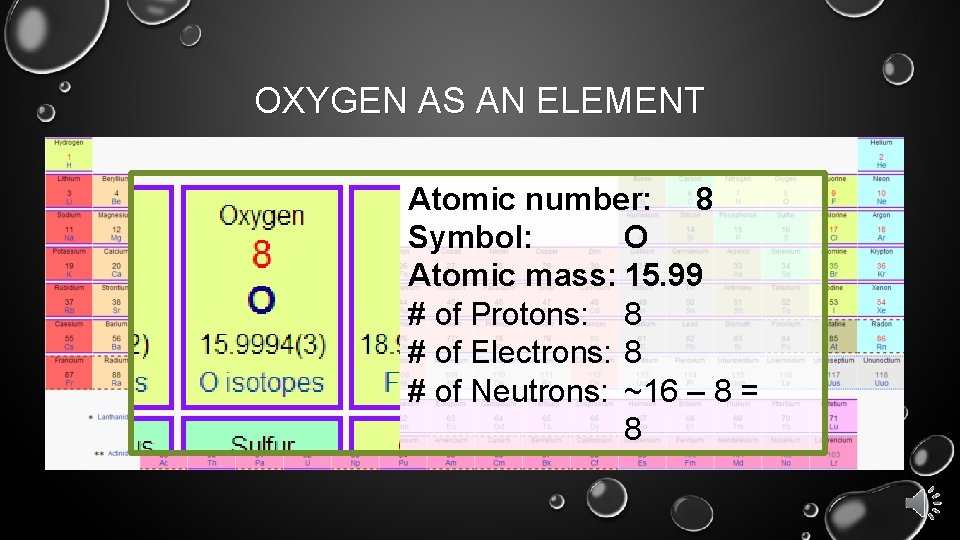 OXYGEN AS AN ELEMENT Atomic number: 8 Symbol: O Atomic mass: 15. 99 #