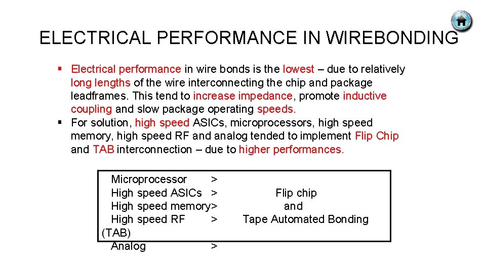 ELECTRICAL PERFORMANCE IN WIREBONDING § Electrical performance in wire bonds is the lowest –