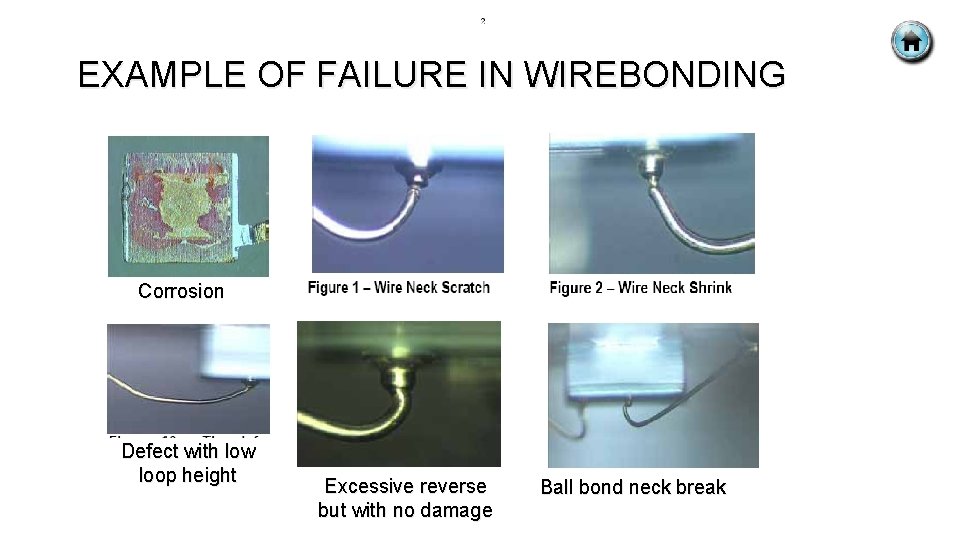 EXAMPLE OF FAILURE IN WIREBONDING Corrosion Defect with low loop height Excessive reverse but