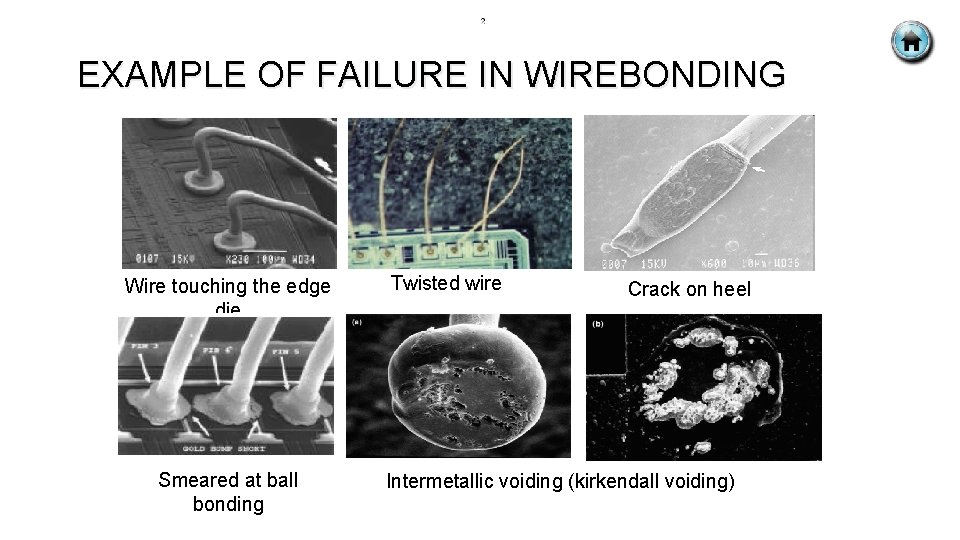 EXAMPLE OF FAILURE IN WIREBONDING Wire touching the edge die Smeared at ball bonding