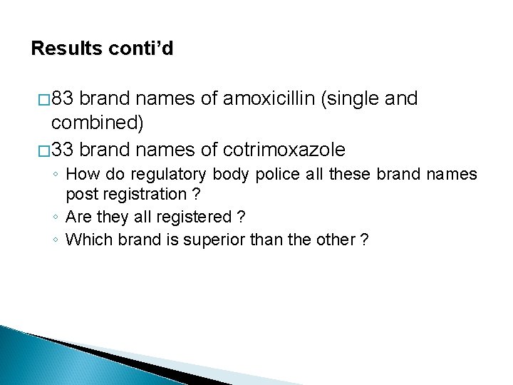 Results conti’d � 83 brand names of amoxicillin (single and combined) � 33 brand