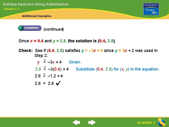 Solving Systems Using Substitution LESSON 6 -2 Additional Examples (continued) Since x = 0.