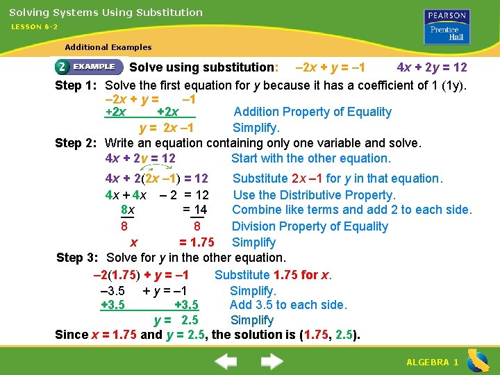Solving Systems Using Substitution LESSON 6 -2 Additional Examples Solve using substitution: – 2
