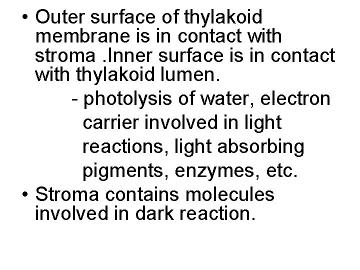  • Outer surface of thylakoid membrane is in contact with stroma. Inner surface