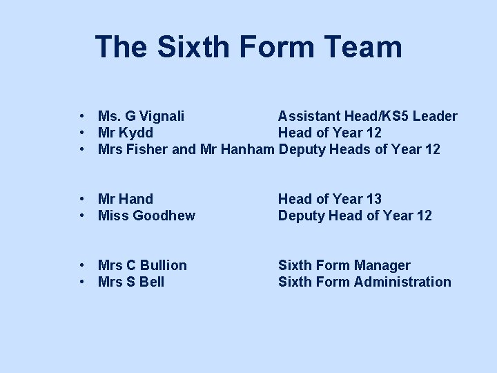 The Sixth Form Team • Ms. G Vignali Assistant Head/KS 5 Leader • Mr