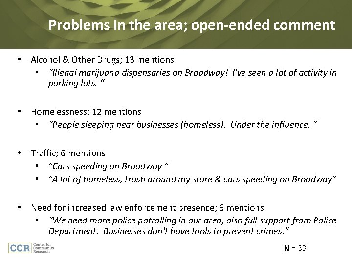 Problems in the area; open-ended comment • Alcohol & Other Drugs; 13 mentions •