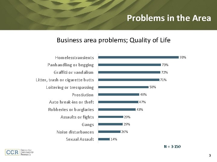 Problems in the Area Business area problems; Quality of Life Homelesstransients 93% Panhandling or