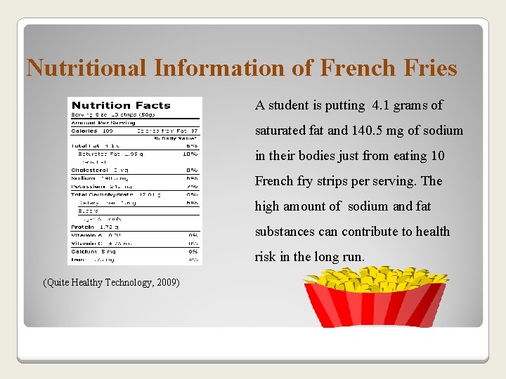 Nutritional Information of French Fries A student is putting 4. 1 grams of saturated