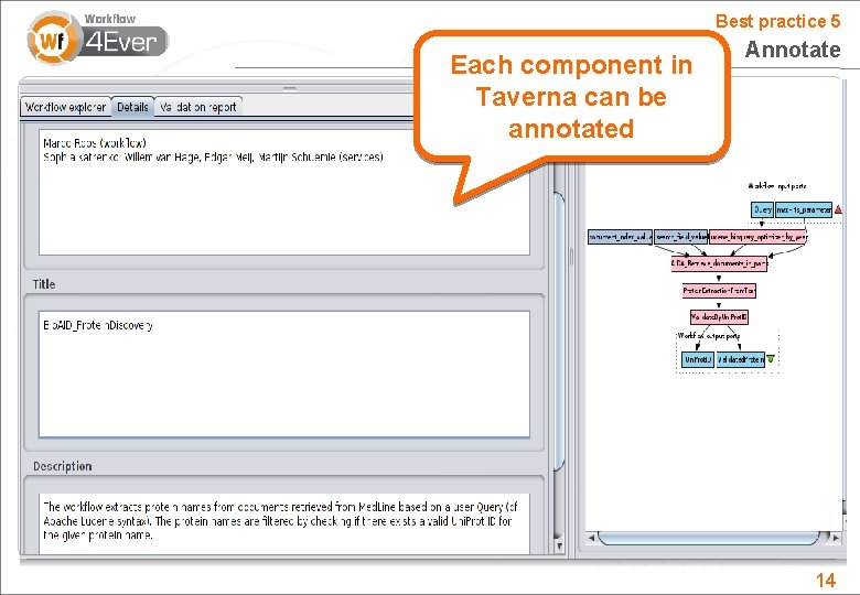 Best practice 5 Each component in Taverna can be annotated Annotate 14 