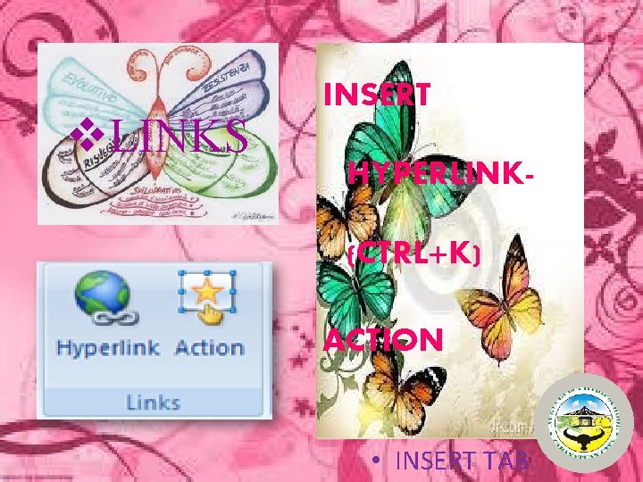 v. LINKS INSERT HYPERLINK(CTRL+K) ACTION • INSERT TAB 