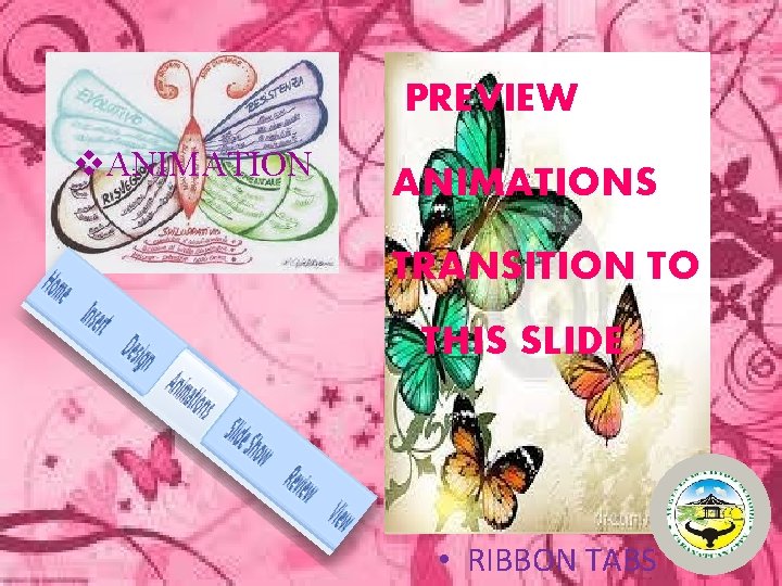 PREVIEW v. ANIMATIONS TRANSITION TO THIS SLIDE • RIBBON TABS 