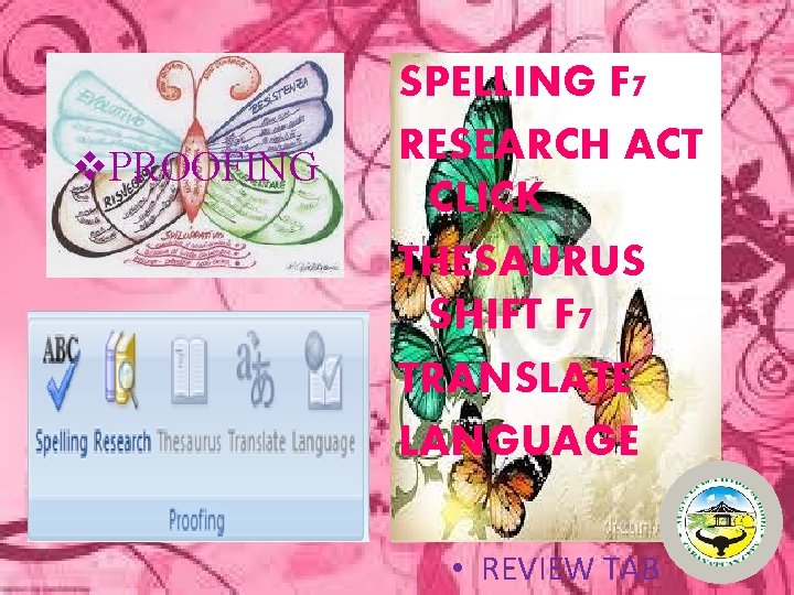 v. PROOFING SPELLING F 7 RESEARCH ACT CLICK THESAURUS SHIFT F 7 TRANSLATE LANGUAGE