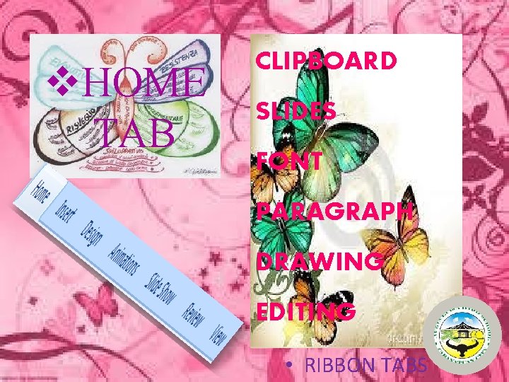 v. HOME TAB CLIPBOARD SLIDES FONT PARAGRAPH DRAWING EDITING • RIBBON TABS 