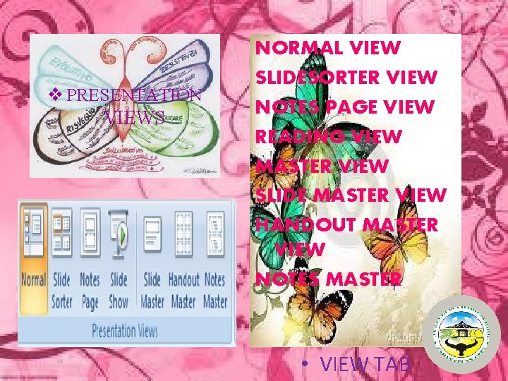 v PRESENTATION VIEWS NORMAL VIEW SLIDESORTER VIEW NOTES PAGE VIEW READING VIEW MASTER VIEW