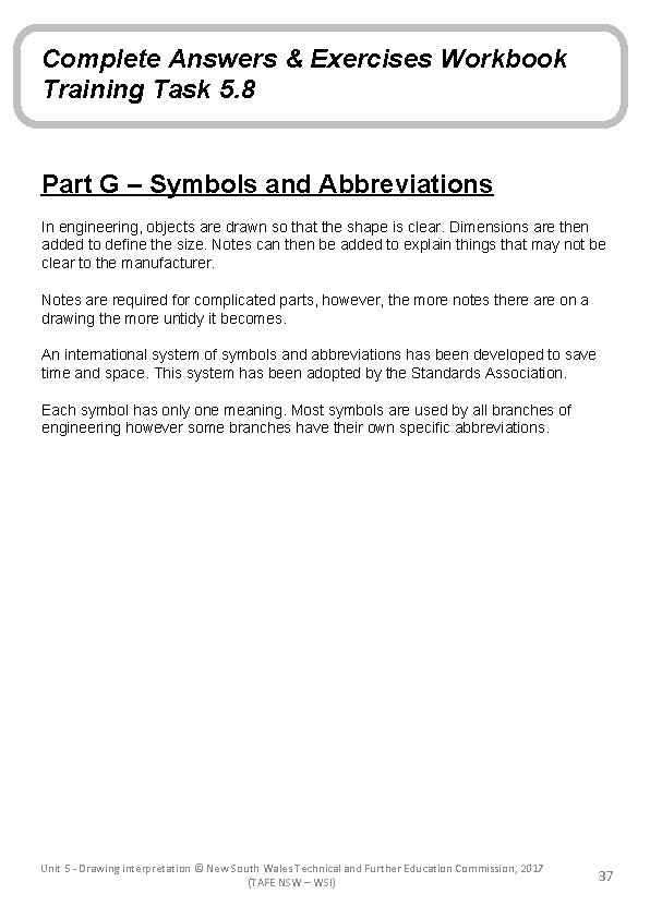 Complete Answers & Exercises Workbook Training Task 5. 8 Part G – Symbols and