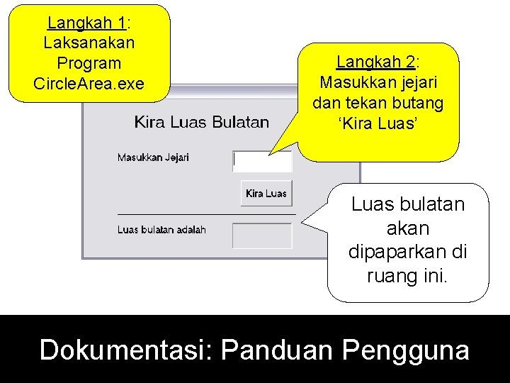 Langkah 1: Laksanakan Program Circle. Area. exe Langkah 2: Masukkan jejari dan tekan butang Langkah 1: Laksanakan Program Circle. Area. exe Langkah 2: Masukkan jejari dan tekan butang