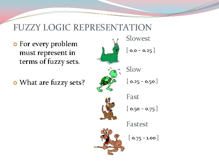 FUZZY LOGIC REPRESENTATION For every problem must represent in terms of fuzzy sets. What