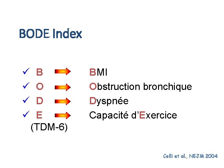 BODE Index ü ü B O D E (TDM-6) BMI Obstruction bronchique Dyspnée Capacité