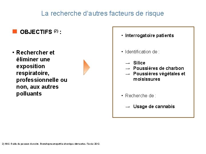 1. La recherche d’autres facteurs de risque OBJECTIFS (2) : • Recher et éliminer