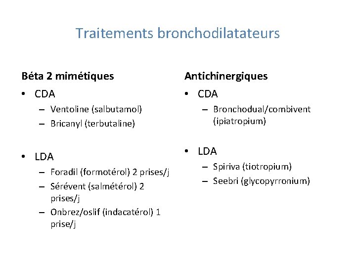 Traitements bronchodilatateurs Béta 2 mimétiques Antichinergiques • CDA – Ventoline (salbutamol) – Bricanyl (terbutaline)