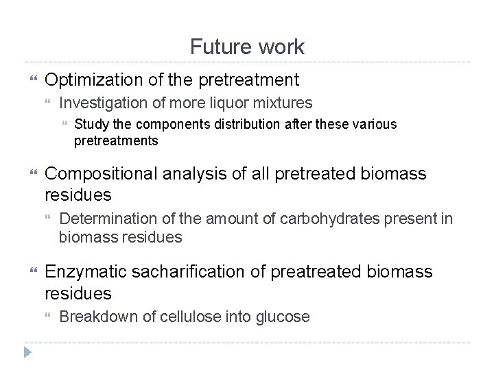 Future work Optimization of the pretreatment Investigation of more liquor mixtures Compositional analysis of