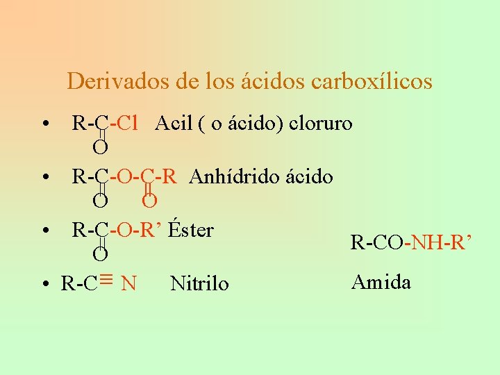 Derivados de los ácidos carboxílicos • R-C-Cl Acil ( o ácido) cloruro O •