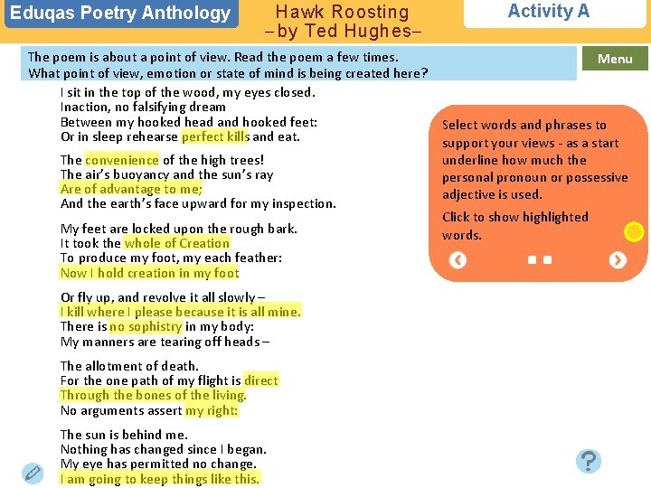 Eduqas Poetry Anthology Hawk Roosting – by Ted Hughes– The poem is about a