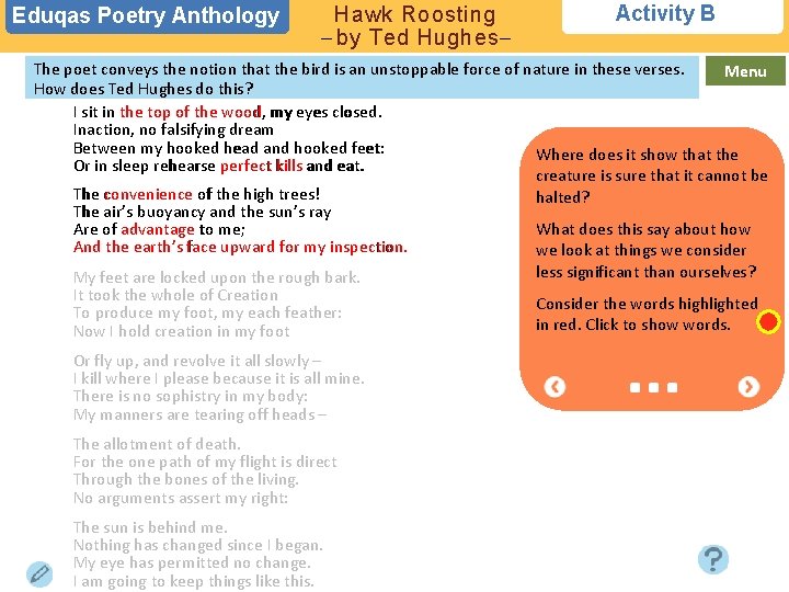 Eduqas Poetry Anthology Hawk Roosting – by Ted Hughes– Activity B The poet conveys