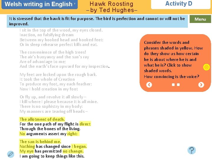 Welsh writing English Eduqas Poetryin Anthology Hawk Roosting – by Ted Hughes– Activity D