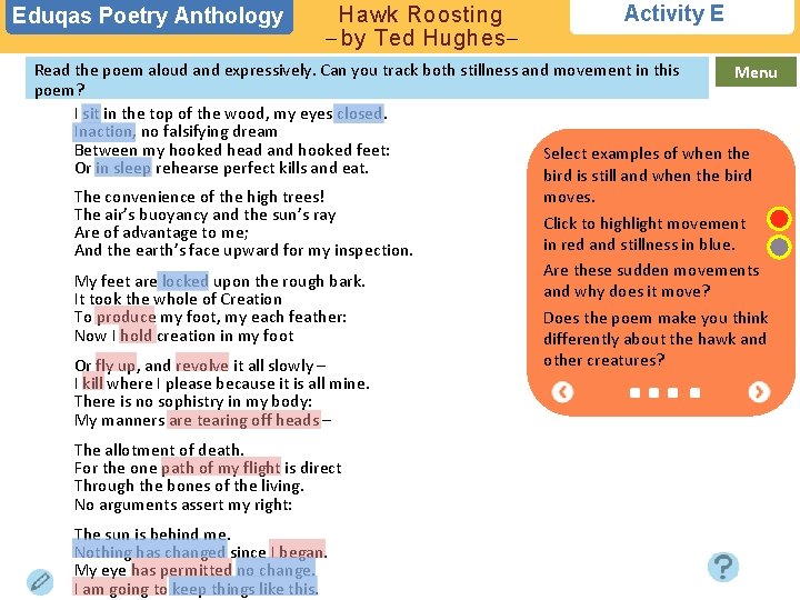 Eduqas Poetry Anthology Hawk Roosting – by Ted Hughes– Activity E Read the poem
