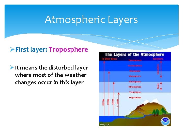 Atmospheric Layers ØFirst layer: Troposphere Ø It means the disturbed layer where most of