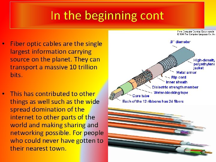 In the beginning cont • Fiber optic cables are the single largest information carrying