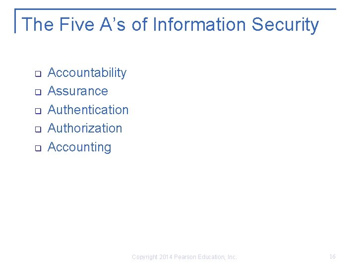 The Five A’s of Information Security q q q Accountability Assurance Authentication Authorization Accounting