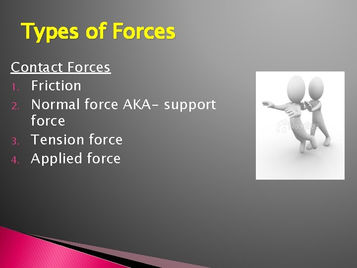 Types of Forces Contact Forces 1. Friction 2. Normal force AKA- support force 3.