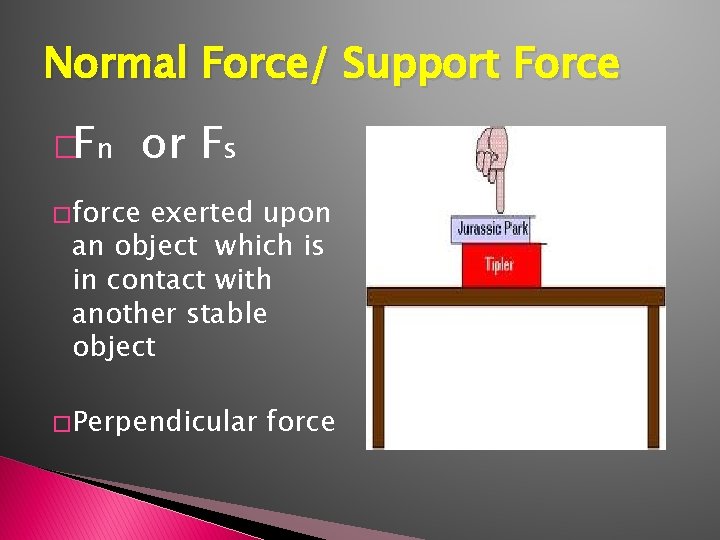 Normal Force/ Support Force �Fn or Fs � force exerted upon an object which
