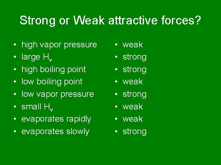 Strong or Weak attractive forces? • • high vapor pressure large Hv high boiling