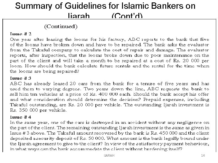 Summary of Guidelines for Islamic Bankers on Ijarah (Cont’d) IJARAH 14 