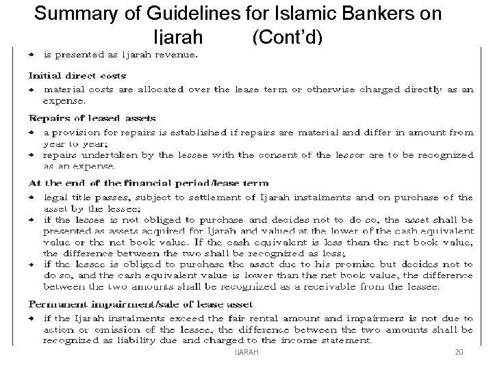 Summary of Guidelines for Islamic Bankers on Ijarah (Cont’d) IJARAH 20 