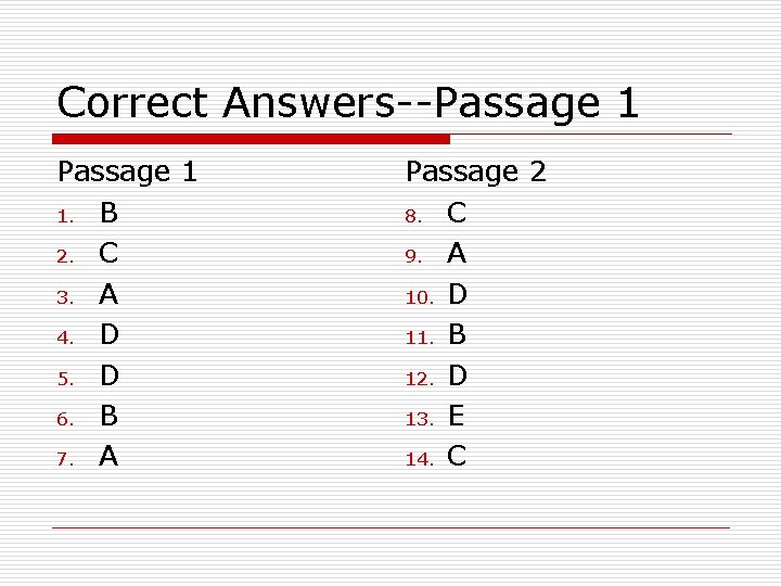 Correct Answers--Passage 1 1. B 2. C 3. A 4. D 5. D 6.