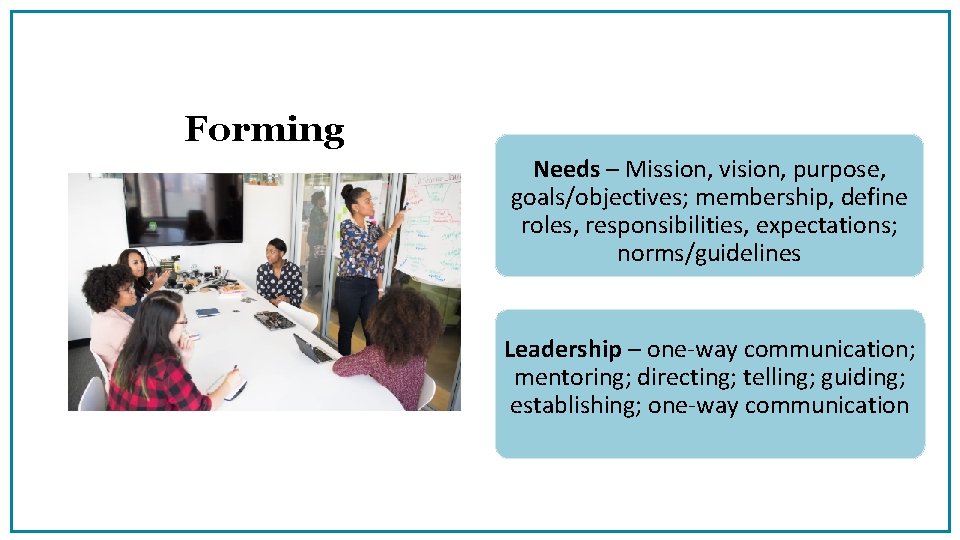 Forming Needs – Mission, vision, purpose, goals/objectives; membership, define roles, responsibilities, expectations; norms/guidelines Leadership