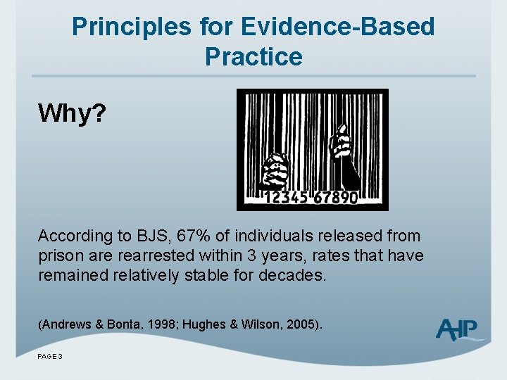 Principles for Evidence-Based Practice Why? According to BJS, 67% of individuals released from prison