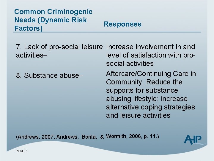 Common Criminogenic Needs (Dynamic Risk Factors) Responses 7. Lack of pro-social leisure Increase involvement